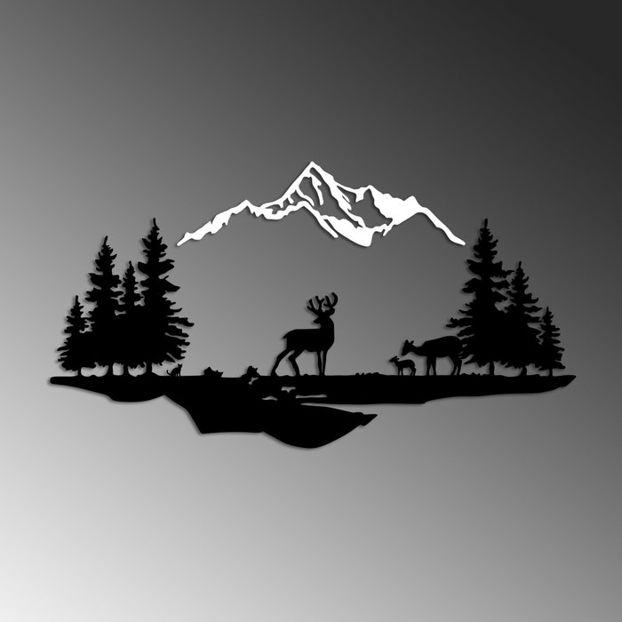 Wallity Deer And Landscape - 2 Escultura de Pared de Metal Blanco y Negro Wallity Deer And Landscape - 2 Escultura de Pared de Metal Blanco y Negro